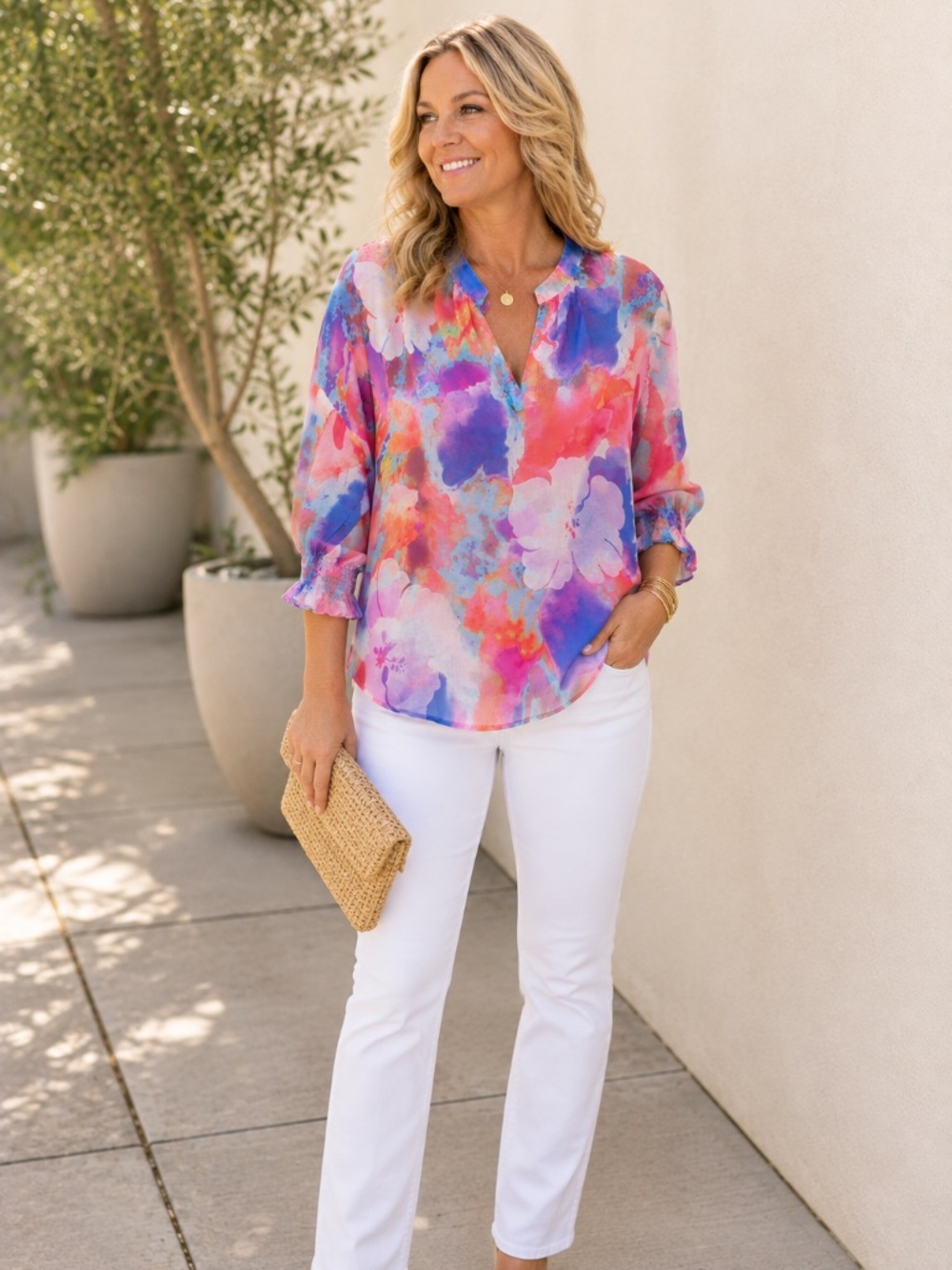 Finley, Maui watercolor floral pullover split neck blouse, M